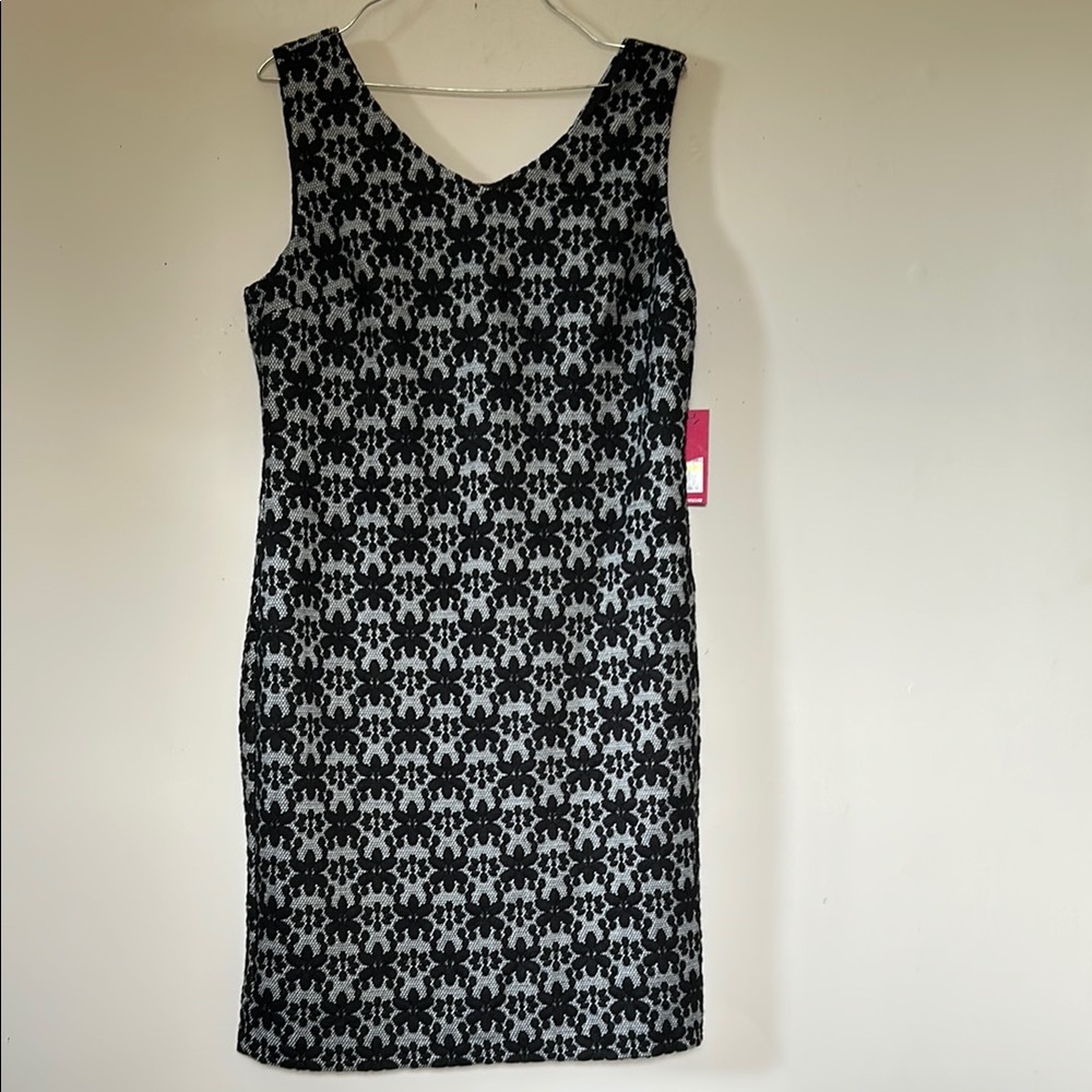 Vince Camino elegant black/grey dress V-neck (front/back) sleeveless size M  NWT